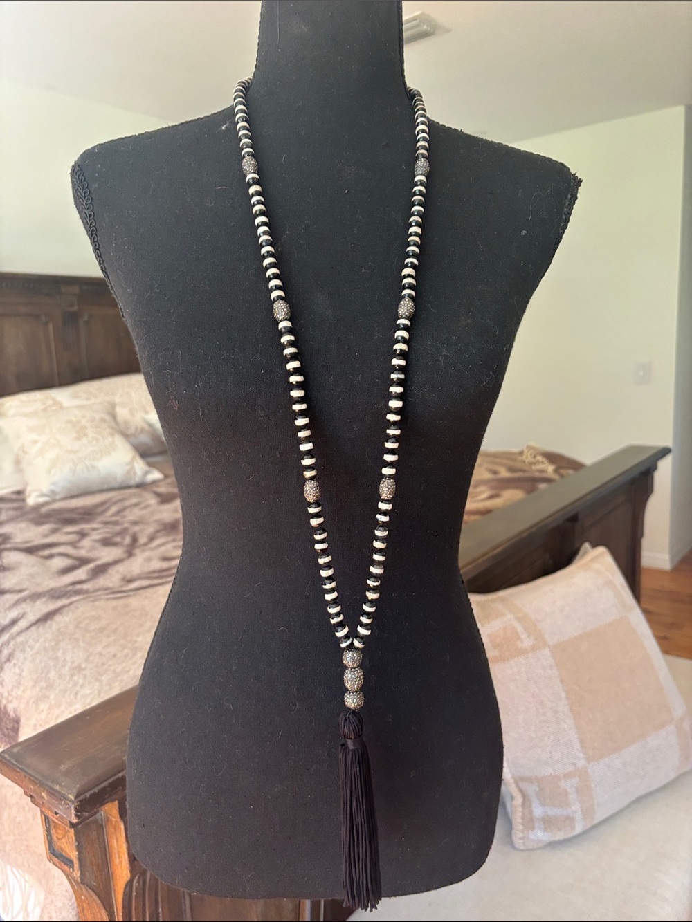 Handcrafted Black and Silver Beaded Tassel Necklace